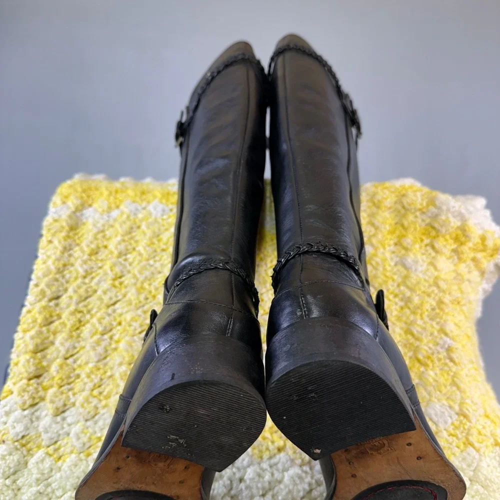 Black Leather Knee Hi Riding Boots Side Zip Buckle Detail Women's Size 7M Thask‎